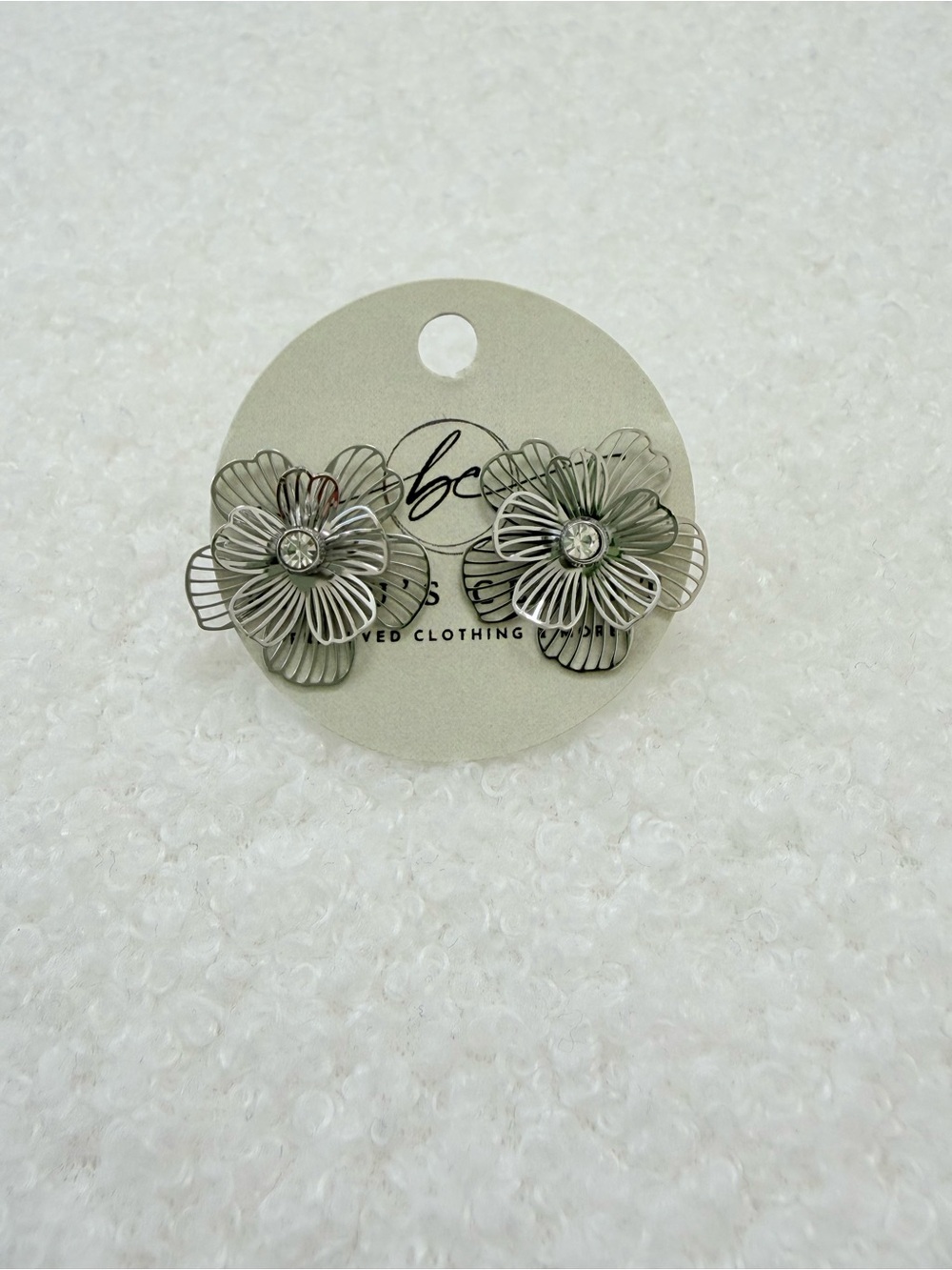 Wirework Silver Floral Stud Earrings with Crystal Center